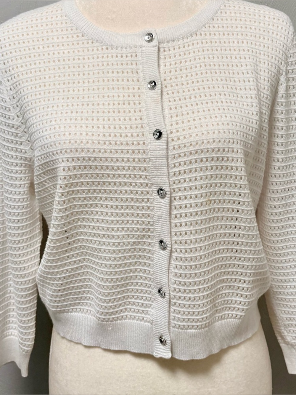 Bright White Open-Knit Button-Up Women’s Sweater.